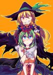  amano_chiharu bare_shoulders blonde_hair blue_eyes clothing_cutout front_ponytail green_hair green_ribbon halloween hat hat_ribbon highres kagiyama_hina kirisame_marisa looking_at_another one_eye_closed orange_eyes ribbon touhou witch_hat yellow_background yuru_yuri 