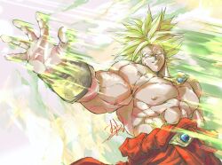 1boy absurdres aura broly_(dragon_ball_z) commentary dragon_ball dragon_ball_z earrings empty_eyes green_hair highres jewelry legendary_super_saiyan muscular muscular_male ota_ta999 saiyan smile solo spiky_hair super_saiyan topless_male 
