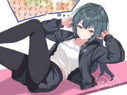  1girl artist_name black_jacket black_leggings black_shorts collarbone commentary_request exercising gakuen_idolmaster green_eyes green_hair highres idolmaster imagining jacket leggings leggings_under_shorts legs_up mattarisan_3 midriff_peek shirt shorts solo speech_bubble sweatdrop thought_bubble track_jacket translation_request tsukimura_temari v-shaped_eyebrows white_shirt 