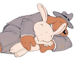  2boys animal_ears brown_fur closed_eyes dog_boy dog_ears english_commentary floppy_ears furry furry_male grey_hair grey_pants grey_suit lying max_(sam_&amp;_max) multiple_boys open_mouth pants rabbit_boy rabbit_ears sam_&amp;_max sam_(sam_&amp;_max) sleeping spooning suit vestigialbones white_background white_fur 