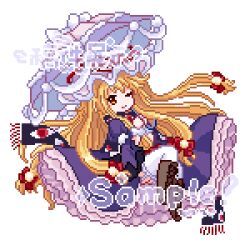  1girl blonde_hair boots bow brown_boots chinese_commentary closed_mouth commentary_request dress full_body gap_(touhou) garter_straps hair_bow hat highres holding holding_umbrella knee_boots lace-up_boots long_hair looking_at_viewer mob_cap multiple_hair_bows one_eye_closed parasol pink_umbrella pixel_art purple_dress purple_tabard red_bow sample_watermark simple_background smile solo tabard thigh-highs touhou umbrella very_long_hair watermark white_background white_thighhighs xiaohan_chulin yakumo_yukari yellow_eyes 