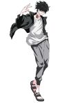  1boy absurdres black_hair black_jacket grey_pants hair_over_eyes hand_in_pocket hand_up highres jacket kamonohashi_ron kamonohashi_ron_no_kindan_suiri male_focus neck_tattoo pants sandals shirt simple_background smirk solo spill_(naru) sweatpants tattoo toeless_footwear white_background white_shirt 