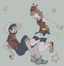  1boy 1girl :d bag bike_shorts bike_shorts_under_shorts black_pants black_shorts breasts brendan_(pokemon) brown_hair commentary_request fanny_pack from_side full_body green_bag grey_background grey_eyes grey_shoes hairband hat highres holding holding_poke_ball looking_at_another may_(pokemon) medium_breasts open_mouth pants poke_ball poke_ball_(basic) pokemon pokemon_omega_ruby_and_alpha_sapphire red_hairband red_shirt rfo_2011 shirt shoes short_hair short_sleeves shorts sleeveless sleeveless_shirt smile star_(symbol) white_hat white_shorts yellow_shoes 