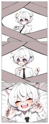 !? 1girl @_@ ^^^ absurdres animal_ear_fluff animal_ears black_necktie blue_eyes blush closed_eyes collared_shirt commentary_request crossed_bangs emphasis_lines fangs flying_sweatdrops hair_between_eyes highres imminent_collision korean_commentary looking_at_viewer necktie open_mouth original otu_(o2h2_oh4) pov pov_hands shirt short_hair spoken_interrobang sweat white_hair white_shirt 