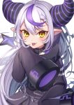  ahoge ascot black_horns braid braided_bangs collar fang grey_hair highres hololive horns imahuku la+_darknesss la+_darknesss_(1st_costume) long_hair metal_collar multicolored_hair pointy_ears purple_hair skin_fang sleeves_past_fingers sleeves_past_wrists slit_pupils streaked_hair striped_horns tongue tongue_out virtual_youtuber yellow_ascot 