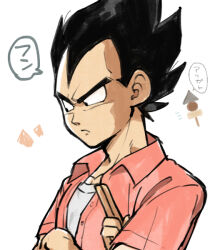  1boy bad_id bad_pixiv_id black_hair casual collared_shirt dragon_ball dragon_ball_z food furrowed_brow looking_down muscular muscular_male notice_lines pectorals petagon pink_shirt shirt shish_kebab simple_background solo spiky_hair translation_request tsurime undershirt upper_body vegeta white_background white_shirt widow's_peak wing_collar 