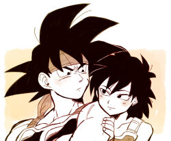  1boy 1girl bad_id bad_pixiv_id bardock black_hair blush collarbone dragon_ball dragon_ball_z gine hand_on_another's_shoulder headband height_difference husband_and_wife large_pectorals looking_at_another looking_down muscular muscular_male pectorals petagon red_headband saiyan saiyan_armor smile spiky_hair two-tone_background white_background yellow_background yellow_theme 