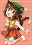  1girl :d animal_ear_piercing animal_ears arms_up bloomers bow bowtie brown_eyes brown_hair cat_ears cat_tail chen commentary_request drop_shadow earrings fangs full_body gold_trim green_headwear hair_between_eyes happy hat jewelry light_blush long_sleeves looking_at_viewer medium_hair mob_cap multiple_tails nekomata open_mouth pink_background red_skirt red_vest simple_background single_earring skirt skirt_set slit_pupils smile socks solo tail takahashi_kouta teeth touhou two_tails upper_teeth_only vest yellow_bow yellow_bowtie 