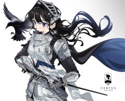  1girl armor bird black_bird black_cape black_hair blue_cape blue_eyes breakdiamond cape closed_mouth commentary crow earrings english_commentary faulds gauntlets highres holding holding_sword holding_weapon jewelry long_hair looking_ahead making-of_available multicolored_cape original sheath shoulder_armor simple_background solo sword two-tone_cape unsheathing upper_body visor_(armor) weapon white_background 