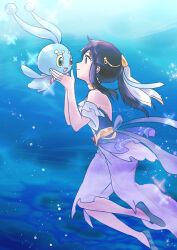  1girl absurdres akari_(pokemon) akari_(summer_2026)_(pokemon) antennae black_hair blue_dress blue_shoes colored_sclera commentary_request dress highres issui_(jahn_bistand) looking_at_another manaphy official_alternate_costume pokemon pokemon_(creature) pokemon_masters_ex shoes signature smile sparkle underwater yellow_sclera 