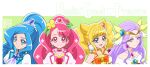  4girls artist_logo blonde_hair blue_eyes blue_hair choker commentary_request copyright_name cure_earth cure_fontaine cure_grace cure_sparkle earrings eyelashes flower fuurin_asumi green_eyes hair_flower hair_ornament hanadera_nodoka happy healin&#039;_good_precure hiramitsu_hinata jewelry kamikita_futago long_hair looking_at_viewer magical_girl multiple_girls pink_choker pink_eyes pink_hair pom_pom_(clothes) pom_pom_earrings ponytail precure puffy_sleeves purple_hair sawaizumi_chiyu smile twintails violet_eyes 
