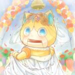  1girl :d bell cat cat_girl chumi_2828 dress flower furry furry_female gold goldenyan looking_at_viewer robot robot_girl sleeveless sleeveless_dress smile veil wedding_dress white_dress youkai_watch 