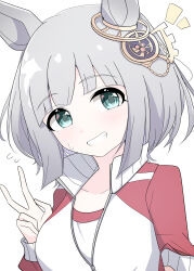  1girl absurdres alternate_hair_length_(shorter) alternate_hairstyle animal_ears arnolddayo blue_eyes blunt_bangs blush breasts chrono_genesis_(umamusume) collarbone duplicate flying_sweatdrops grey_hair grin hair_between_eyes hair_ornament highres horse_ears horse_girl jacket looking_at_viewer open_mouth pixel-perfect_duplicate red_jacket shirt simple_background smile solo sweatdrop teeth tracen_training_uniform track_jacket umamusume upper_body v white_shirt 