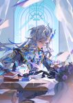  1boy artist_name ascot black_gloves blue_hair blue_jacket blurry blurry_foreground book book_stack bookmark brooch commentary curtains desk english_commentary from_behind genshin_impact glasses gloves grey_hair half-closed_eyes highres holding holding_quill indoors jacket jewelry leisurely_otter_(genshin_impact) long_hair looking_down low-tied_long_hair male_focus multicolored_hair multiple_persona neuvillette_(genshin_impact) office one_eye_closed otter pointy_ears quill reading seashell shell sidelocks solo streaked_hair upper_body vase violet_eyes white_ascot window writing yeurei 