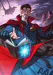  1boy belt black_belt black_cloak black_hair blue_eyes blue_shirt book checkered_cloak cloak clouds cloudy_sky doctor_strange doctor_strange_in_the_multiverse_of_madness facial_hair fingernails grey_hair hands_up jewelry long_sleeves looking_at_viewer male_focus marvel marvel_cinematic_universe multicolored_hair necklace open_book outdoors pink_sky poboong123 red_cloak rock shirt short_hair sky solo standing two-sided_cloak two-sided_fabric two-tone_hair 