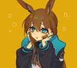  1girl amiya_(arknights) animal_ears arknights ascot black_ascot black_jacket blue_eyes braised_fish brown_hair hands_on_own_cheeks hands_on_own_face highres hood hooded_jacket jacket jewelry long_hair open_clothes open_jacket open_mouth rabbit_ears rabbit_girl ring solo yellow_background 