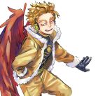  1boy black_gloves blonde_hair boku_no_hero_academia brown_jacket brown_pants feathers fur-trimmed_jacket fur_trim gloves hand_in_pocket hawks_(boku_no_hero_academia) headphones highres jacket male_focus nishino_(fetv8484) open_mouth pants red_feathers red_wings short_hair simple_background solo white_background wings yellow_eyes 