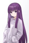  1girl absurdres blunt_bangs closed_mouth coat fern_(sousou_no_frieren) flat_chest grey_coat hands_in_pockets highres long_hair looking_at_viewer nagisa_(cxcx5235) purple_hair sidelocks simple_background solo sousou_no_frieren upper_body very_long_hair violet_eyes white_background 