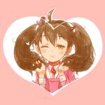  1girl ahoge blush_stickers brown_eyes brown_hair fujinozu heart holding holding_hair jacket kantai_collection looking_at_viewer medium_hair one_eye_closed pink_jacket ryuujou_(kancolle) solo twintails upper_body 