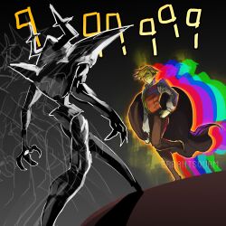  1boy 1other absurdres armor blonde_hair brown_pants cape closed_eyes collared_shirt colored_skin commentary confrontation deltarune english_commentary errantsquam faceoff flowery_(deltarune) green_vest highres holding holding_unworn_cape holding_unworn_clothes holding_unworn_jacket jacket jojo_no_kimyou_na_bouken jojo_pose male_focus meme oh?_you're_approaching_me?_(meme) orange_vest pants parody roaring_knight shirt smile spoilers stardust_crusaders two-tone_vest unworn_cape unworn_jacket utdr_(toby_fox) vest walking yellow_skin 