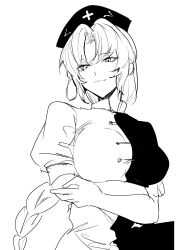  1girl absurdres braid breasts buttons closed_mouth collared_dress constellation_print cross crossed_arms dress hat high_collar highres ikasoba large_breasts long_hair looking_at_viewer low-braided_long_hair low-tied_long_hair monochrome nurse_cap parted_bangs puffy_short_sleeves puffy_sleeves short_sleeves simple_background single_braid smile solo standing touhou two-tone_dress upper_body very_long_hair yagokoro_eirin 