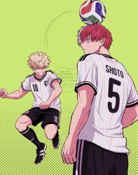  2026_fifa_world_cup 2boys bakugou_katsuki ball black_shorts blonde_hair blue_eyes boku_no_hero_academia burn_scar closed_mouth commentary_request from_behind green_background highres japanese_national_soccer_team_uniform looking_at_viewer male_focus maple_46_pu multicolored_hair multiple_boys polka_dot polka_dot_background red_hair scar scar_on_face short_hair shorts simple_background soccer_ball soccer_uniform spiky_hair split-color_hair sportswear teeth todoroki_shoto trionda two-tone_hair watermark white_hair world_cup 
