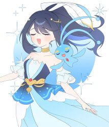  1girl 1other akari_(pokemon) akari_(summer_2026)_(pokemon) bare_shoulders belt black_hair blue_background blue_dress blush circle closed_eyes coletta_(colet_colettia) collarbone commentary cowboy_shot detached_sleeves dress frilled_dress frilled_sleeves frills gold_belt gold_choker gradient_clothes gradient_dress hair_ornament high-waist_belt highres jewelry layered_dress long_hair manaphy open_mouth pokemon pokemon_(creature) pokemon_masters_ex ponytail short_sleeves sidelocks simple_background singing sparkle strapless strapless_dress swept_bangs veil white_background white_veil 