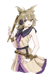  1girl :d absurdres belt black_belt black_sailor_collar bracelet brown_eyes brown_hair check_clothing clothes_writing clothing_request commentary_request earmuffs hair_between_eyes highres holding jewelry kashiwada_kiiho looking_at_viewer medium_hair neck_ribbon open_mouth partial_commentary purple_ribbon purple_skirt ribbon ritual_baton sailor_collar shirt signature simple_background skirt sleeveless sleeveless_shirt smile solo standing sword touhou toyosatomimi_no_miko weapon white_background yellow_shirt 