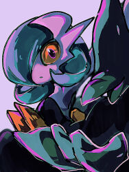  1girl alternate_color black_dress black_gloves blue_hair bob_cut closed_mouth colored_skin dress elbow_gloves expressionless flat_chest gardevoir gloves hair_over_one_eye highres looking_at_viewer mega_gardevoir mega_pokemon one_eye_covered orange_eyes pokemon pokemon_(creature) purple_background shiny_pokemon short_hair simple_background solo strapless strapless_dress white_skin yamiochi_house_dust 