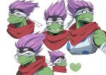  1boy boku_no_hero_academia eye_mask heart highres male_focus multiple_views nishino_(fetv8484) purple_hair red_scarf reptile_boy scarf short_hair simple_background solo spinner_(boku_no_hero_academia) violet_eyes white_background 