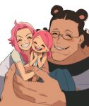 1boy 2girls aged_down animal_ears bartholomew_kuma bear_ears blush brown_hair cheek-to-cheek child closed_eyes family ginny_(one_piece) glasses heads_together highres hug jewelry_bonney long_hair long_sleeves mother_and_daughter multiple_girls one_piece open_mouth pink_hair shirt short_sleeves size_difference sketch sleeveless sleeveless_shirt smile teeth tongue upper_teeth_only ususmomo what_if white_shirt