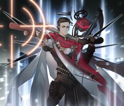  1boy absurdres ammunition_pouch arknights black_hair coat commentary_request commission cosplay crossover drone dual_wielding earpiece executor_(arknights) executor_(arknights)_(cosplay) gun halo highres holding limbus_company mechanical_halo medal meursault_(project_moon) pouch project_moon scythe short_hair shotgun user_hafn2822 weapon 