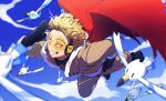  1boy bird blonde_hair blue_sky boku_no_hero_academia brown_jacket brown_pants clouds facial_hair feathered_wings feathers flying fur-trimmed_jacket fur_trim goggles hawks_(boku_no_hero_academia) highres jacket male_focus nishino_(fetv8484) outdoors pants red_feathers red_wings sky solo stubble superhero teeth wings 
