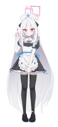  1girl apron black_dress black_hairband black_shoes black_thighhighs blue_archive blue_ribbon blush closed_mouth commentary cross dress full_body hair_between_eyes hairband halo hat highres holding holding_syringe kei_(blue_archive) kei_(student)_(blue_archive) long_hair long_hair_between_eyes looking_at_viewer maid maid_apron no_ra339 nurse_cap pink_eyes pink_halo rectangular_halo ribbon ringed_eyes shoes short_sleeves simple_background solo syringe thigh-highs very_long_hair waist_apron white_background white_hair 