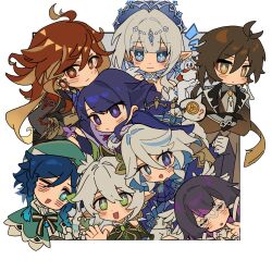  2boys 6+girls ahoge antenna_hair biker_clothes bikesuit black_gloves blindfold blue_eyes blue_hair blue_pupils blunt_bangs bodysuit brown_hair chibi chinese_clothes chinese_commentary closed_eyes closed_mouth columbina_(genshin_impact) commentary_request crossed_arms dress furina_(genshin_impact) genshin_impact gloves green_hair grey_hair hair_between_eyes hair_ornament happy hat head_wings headpiece heterochromia highres huge_ahoge itsabannernotanoilwell japanese_clothes light_blush loli long_sleeves looking_at_viewer looking_to_the_side mavuika_(genshin_impact) multicolored_eyes multicolored_hair multiple_boys multiple_girls nahida_(genshin_impact) one_eye_closed open_mouth orange_eyes pointy_ears purple_hair raiden_shogun red_eyes red_hair shorts smile streaked_hair suit symbol-shaped_pupils tiara top_hat tsaritsa_(genshin_impact) upper_body venti_(genshin_impact) waving wavy_hair wings zhongli_(genshin_impact) 