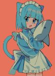  1girl animal_ears apron blue_eyes blue_hair blue_jacket blue_skirt blush_stickers cat_ears cat_girl cat_tail frilled_apron frills highres hugging_object jacket long_sleeves looking_at_viewer maid maid_apron maid_headdress open_mouth orange_background original pleated_skirt puffy_long_sleeves puffy_sleeves sharp_teeth short_hair simple_background skirt sleeves_past_wrists solo standing stuffed_animal stuffed_shark stuffed_toy tail teeth track_jacket umipi white_apron 