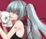  bare_shoulders blood hair_ribbon hatsune_miku itou_nanami long_hair ribbon simple_background skull solo twintails vocaloid 
