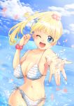  bad_id bikini blonde_hair blue_eyes breasts flower frills highres large_breasts long_hair open_mouth original ponytail side-tie_bikini smile solo splash swimsuit tamaichi wading water wet wink 