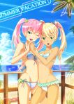  absurdres beach bikini blonde_hair green_eyes highres holding_hands kazeno multiple_girls original pink_hair swimsuit twintails 
