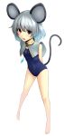  arms_behind_back barefoot blue_hair capelet gradient_hair grey_hair hiroya_juuren jewelry looking_at_viewer mouse_ears mouse_tail multicolored_hair nazrin one-piece_swimsuit open_mouth pendant perspective red_eyes short_hair silver_hair simple_background smile solo standing swimsuit tail touhou 