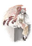  fujiwara_no_mokou hair_ribbon japanese_clothes kimono long_hair obi ribbon sandals sitting solo spaetlese touhou wings 