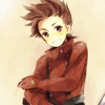  :d bad_id brown_hair lloyd_irving lowres male open_mouth sepia_background smile solo tales_of_(series) tales_of_symphonia yukino_(pixiv) 