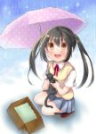  1girl black_hair box brown_eyes cat k-on! long_hair looking_up nakano_azusa papiko_(sogebusaretai) rain school_uniform twintails umbrella 