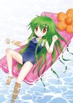  barefoot digital_media_player earbuds earphones green_hair highres inflatable_raft ipod long_hair lying mp3_player original red_eyes saku_hiiyu solo submerged towel water 