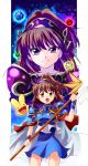  2girls arle_nadja armor armored_dress blue_background brown_eyes brown_hair cape carbuncle_(puyopuyo) creature doppelganger_arle gem multiple_girls puyopuyo sakagami_yuura short_hair skirt smile staff violet_eyes 