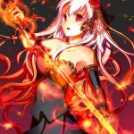 bad_id bare_shoulders dress elbow_gloves embers fire flamberge_(vocaloid) flower gloves hair_flower hair_ornament highres long_hair megurine_luka pink_eyes pink_hair red_eyes solo sword vocaloid weapon yun_(snoopy) yunco 