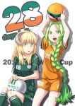  ahoge ball bliss_(artist) blonde_hair braid cote_d'ivoire green_eyes green_hair highres horns long_hair nigeria puma_ag shorts soccer_ball world_cup 