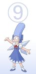  ? black_eyes blue_hair bow cirno cirno_(cosplay) cosplay crossover dress hair_bow highres jigoku_inu marge_simpson parody smile solo standing the_simpsons touhou wings ⑨ 
