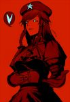  bad_id blue_eyes glowing glowing_eyes hat heart hong_meiling jjune monochrome red red_background short_sleeves simple_background solo spoken_heart spot_color touhou 