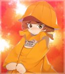  brown_eyes brown_hair child hat kosame_daizu orange_(color) orange_background raincoat short_hair shy solo v_arms 